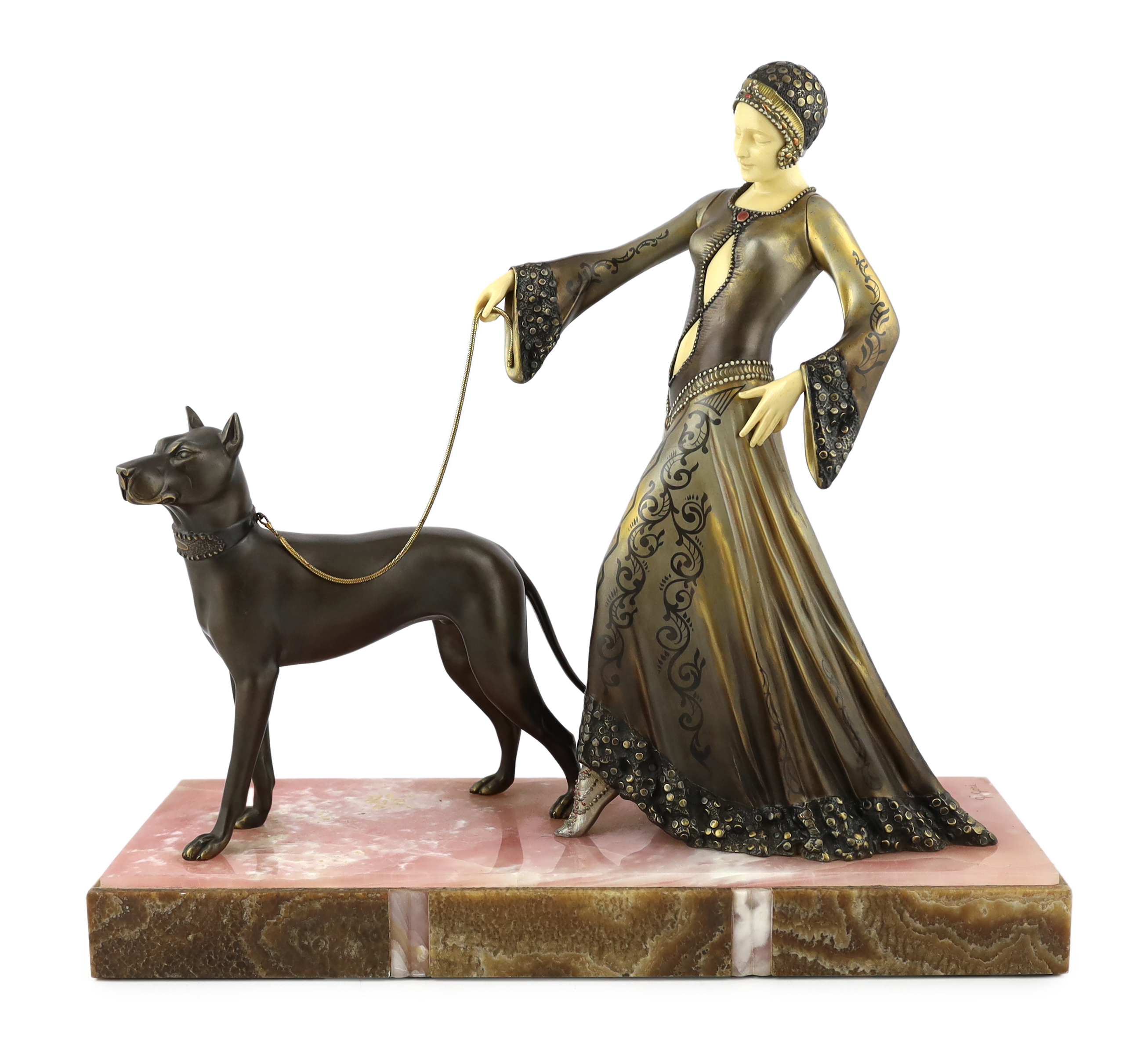 G. Gori, a French Art Deco bronze, simulated ivory and marble Art Deco group of a medieval lady with a hound, 56cm wide, 20cm deep, 52cm high